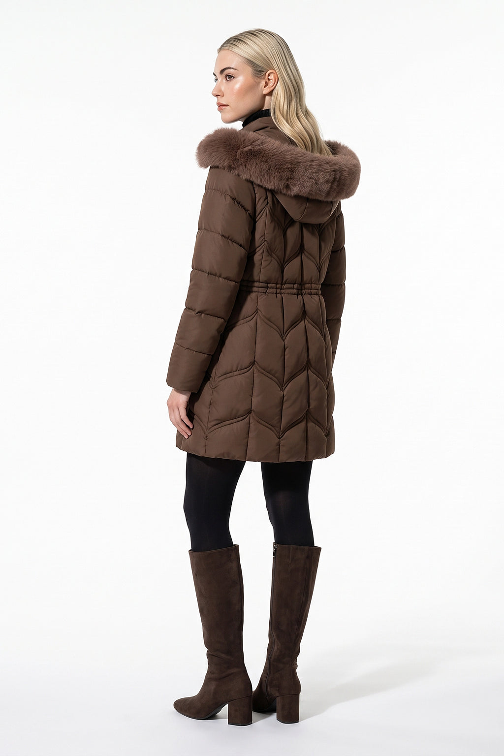 Women’s Winter Warm Longline Faux Fur Hood Puffer Coat with Adjustable Waist