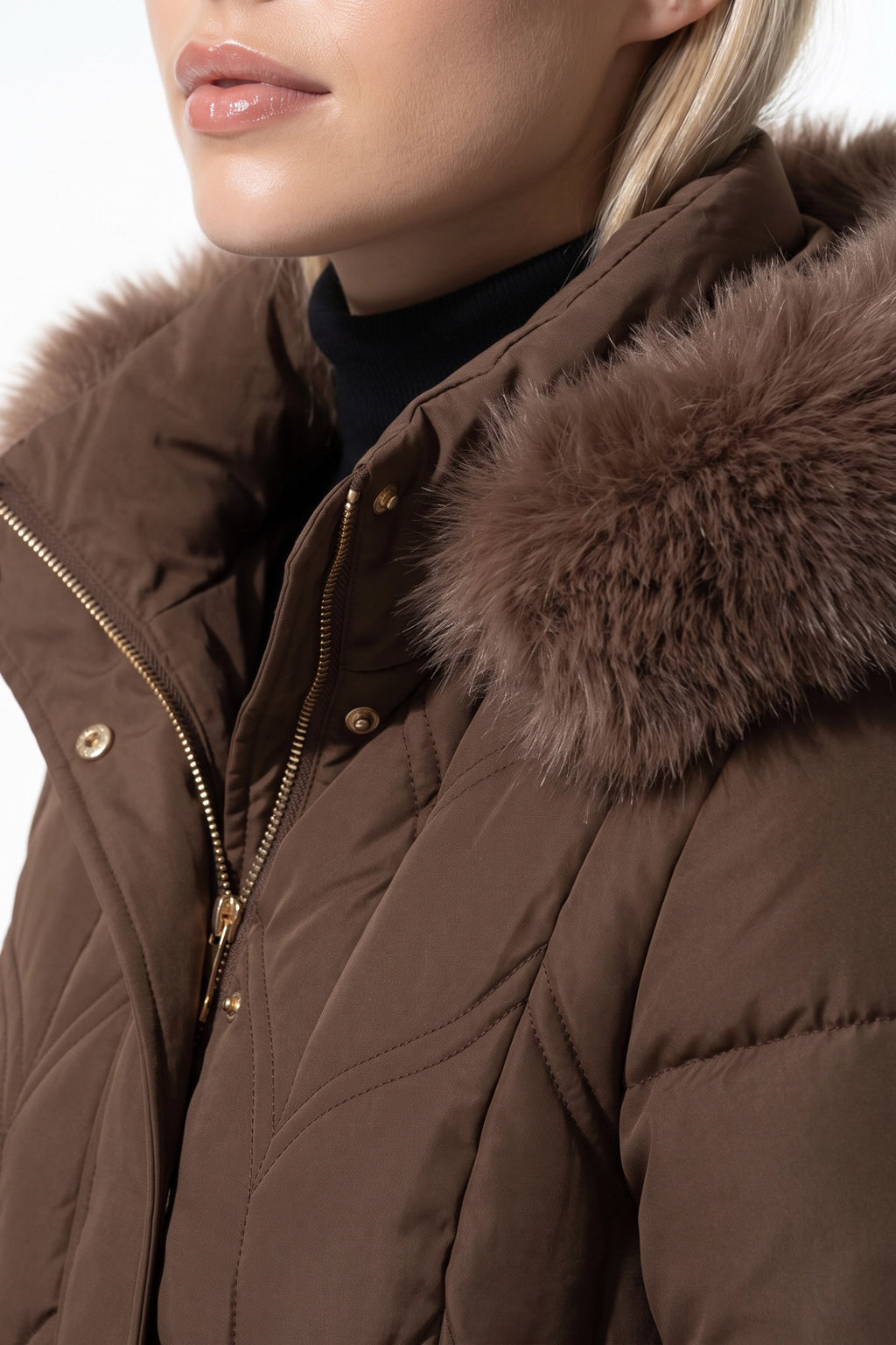 Women’s Winter Warm Longline Faux Fur Hood Puffer Coat with Adjustable Waist