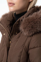 Women’s Winter Warm Longline Faux Fur Hood Puffer Coat with Adjustable Waist