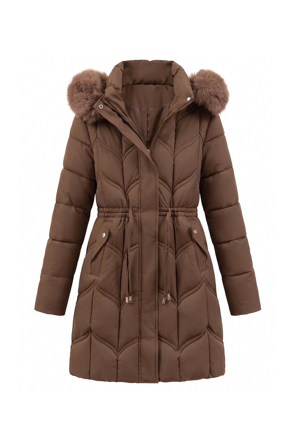 Women’s Winter Warm Longline Faux Fur Hood Puffer Coat with Adjustable Waist