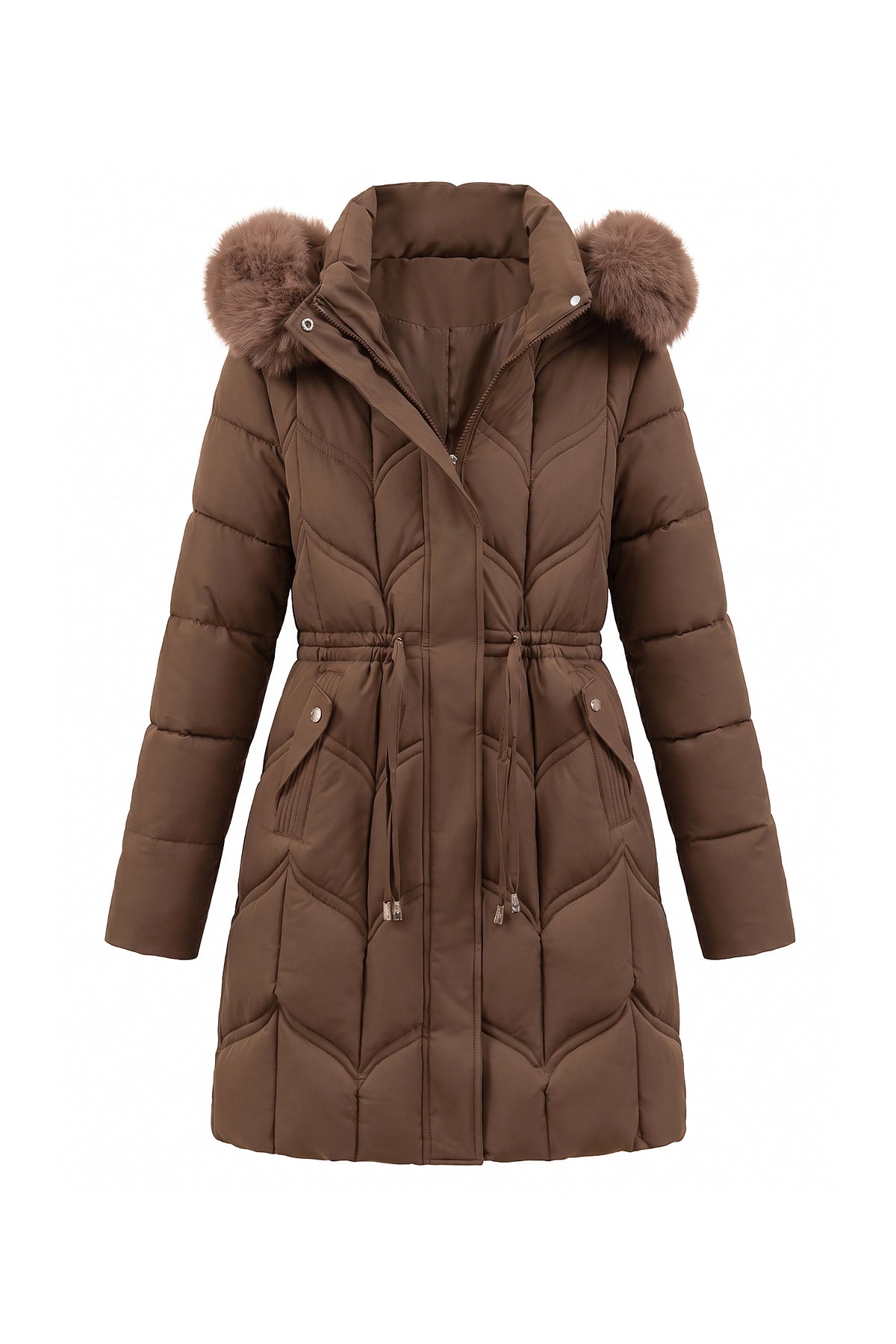 Women’s Winter Warm Longline Faux Fur Hood Puffer Coat with Adjustable Waist