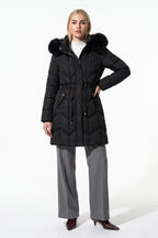 Women’s Winter Warm Longline Faux Fur Hood Puffer Coat with Adjustable Waist