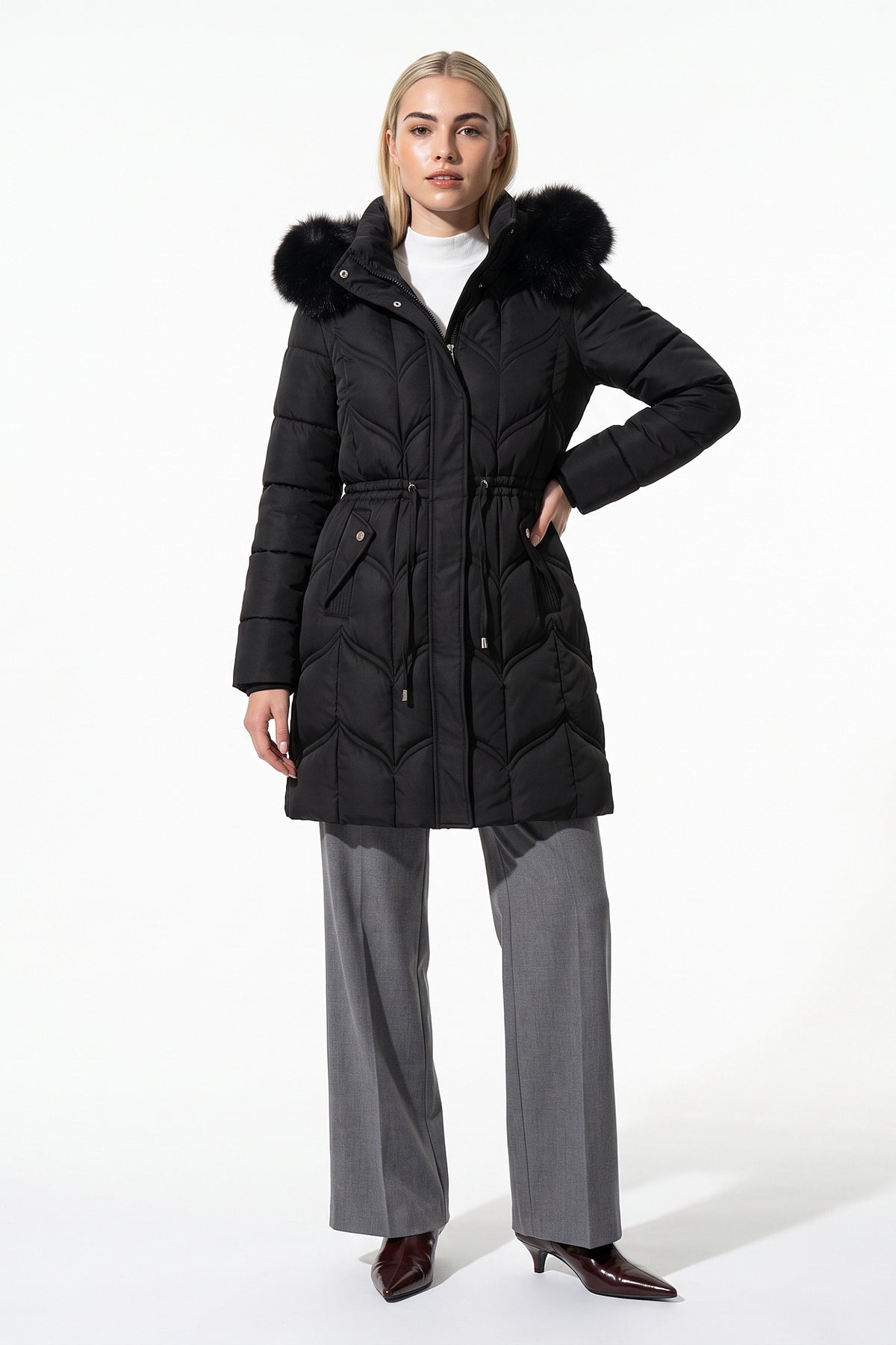 Women’s Winter Warm Longline Faux Fur Hood Puffer Coat with Adjustable Waist