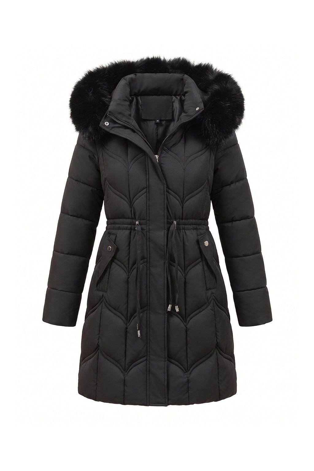 Women’s Winter Warm Longline Faux Fur Hood Puffer Coat with Adjustable Waist