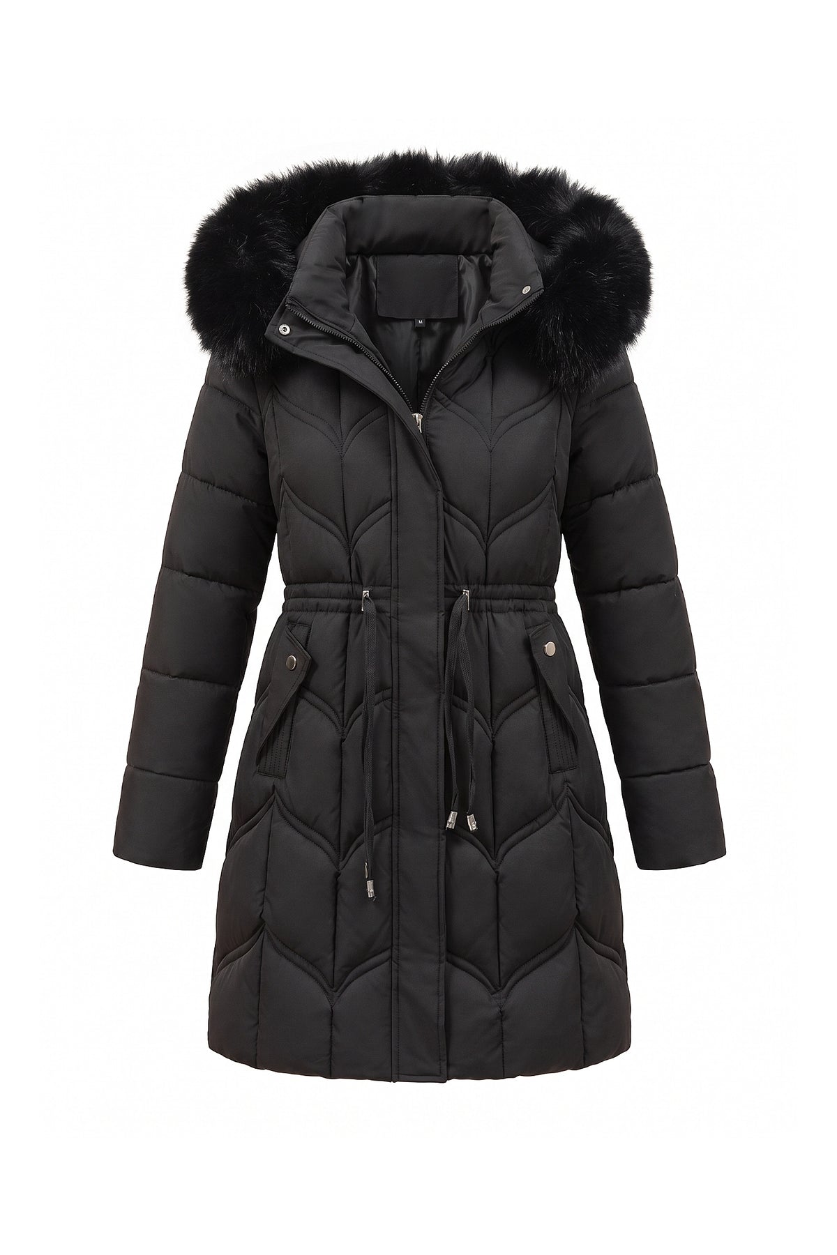 Women’s Winter Warm Longline Faux Fur Hood Puffer Coat with Adjustable Waist