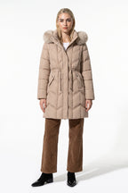 Women’s Winter Warm Longline Faux Fur Hood Puffer Coat with Adjustable Waist