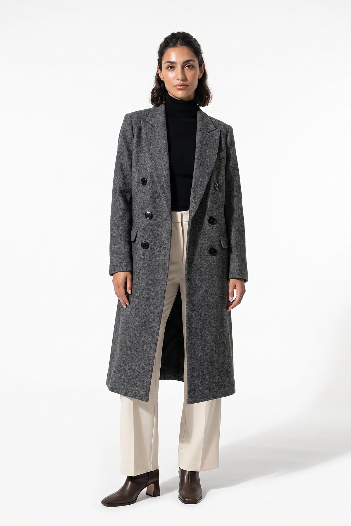 Women’s Winter Warm Longline Double Breasted Trench Coat with Notched Lapel