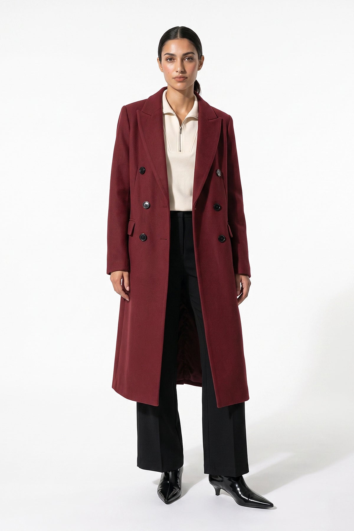 Women’s Winter Warm Longline Double Breasted Trench Coat with Notched Lapel