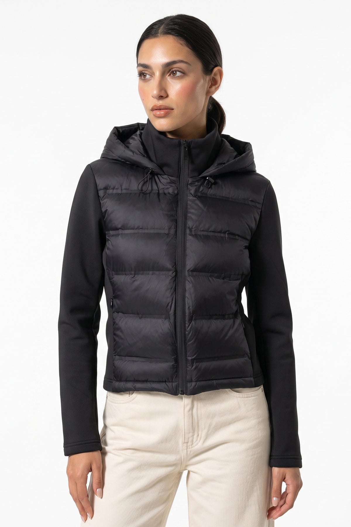 Women's Winter Active Hybrid Hooded Black Puffer Jacket